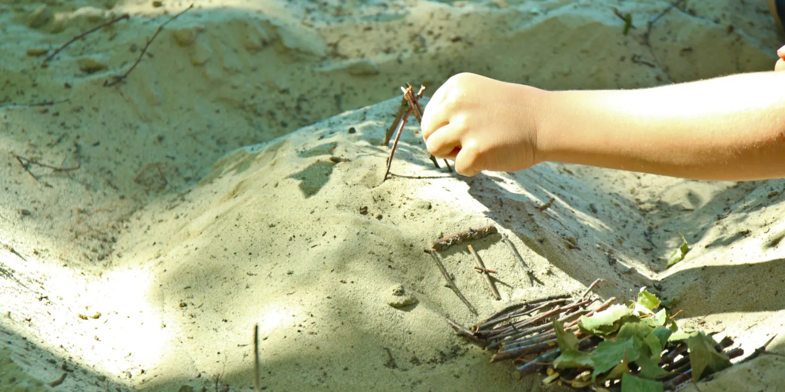 Eine Kinderhand platziert &Auml;stchen und Bl&auml;tter auf einem kleinen Sandh&uuml;gel.
